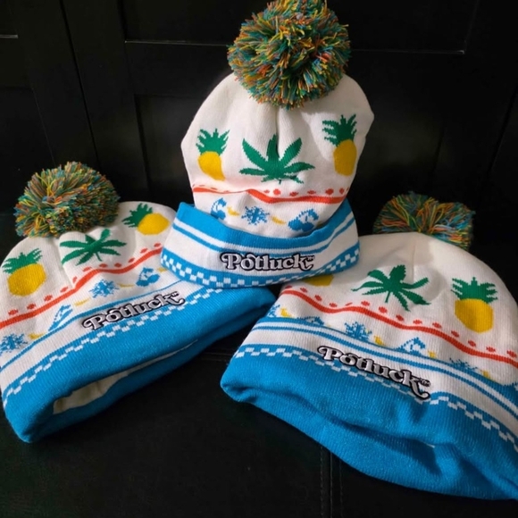 potluck Other - 3 Potluck White & Turquoise Pom Pom Beanie with Pineapple Motif Bundle